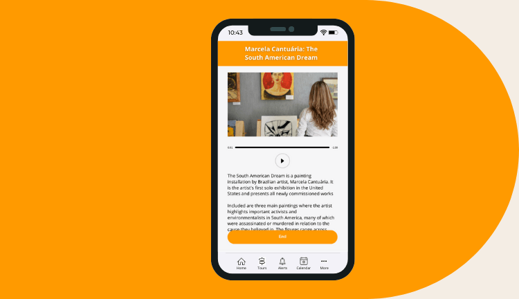 Cuseum curated audio tour app on a phone with orange background shape